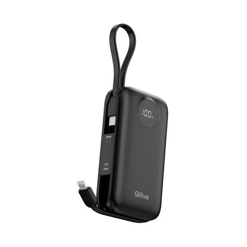 Batería externa QILIVE, 10.000 mAh, carga rápida 20W, color negro, con cable.