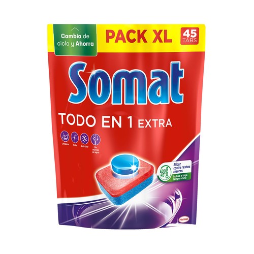 SOMAT Detergente en cápsulas para lavavajillas SOMAT Tabs TodoEn1 45 dosis 792 gr.