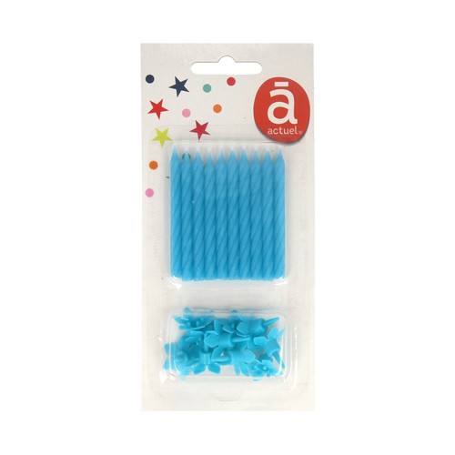 Pack de 10 velas de cumpleaños color azul con soporte, ACTUEL.