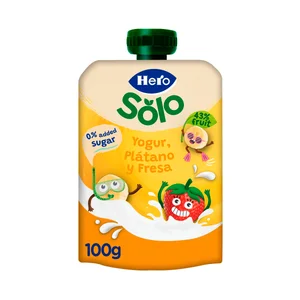 HERO Solo Bolsita de yogur con plátano y fresa, sin azúcares añadidos, a partir de 6 meses 100 g.