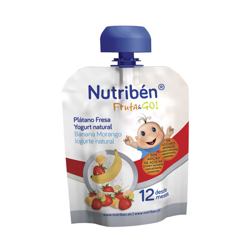 NUTRIBÉN Bolsita de fruta (fresa y platano) con yogur natural, a partir de 12 meses NUTRIBÉN Fruta & go! 90 g.