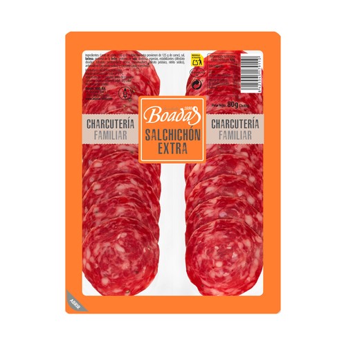 BOADAS Salchichón de categoria extra, sin gluten y cortado en lonchas 2 x 40 g.