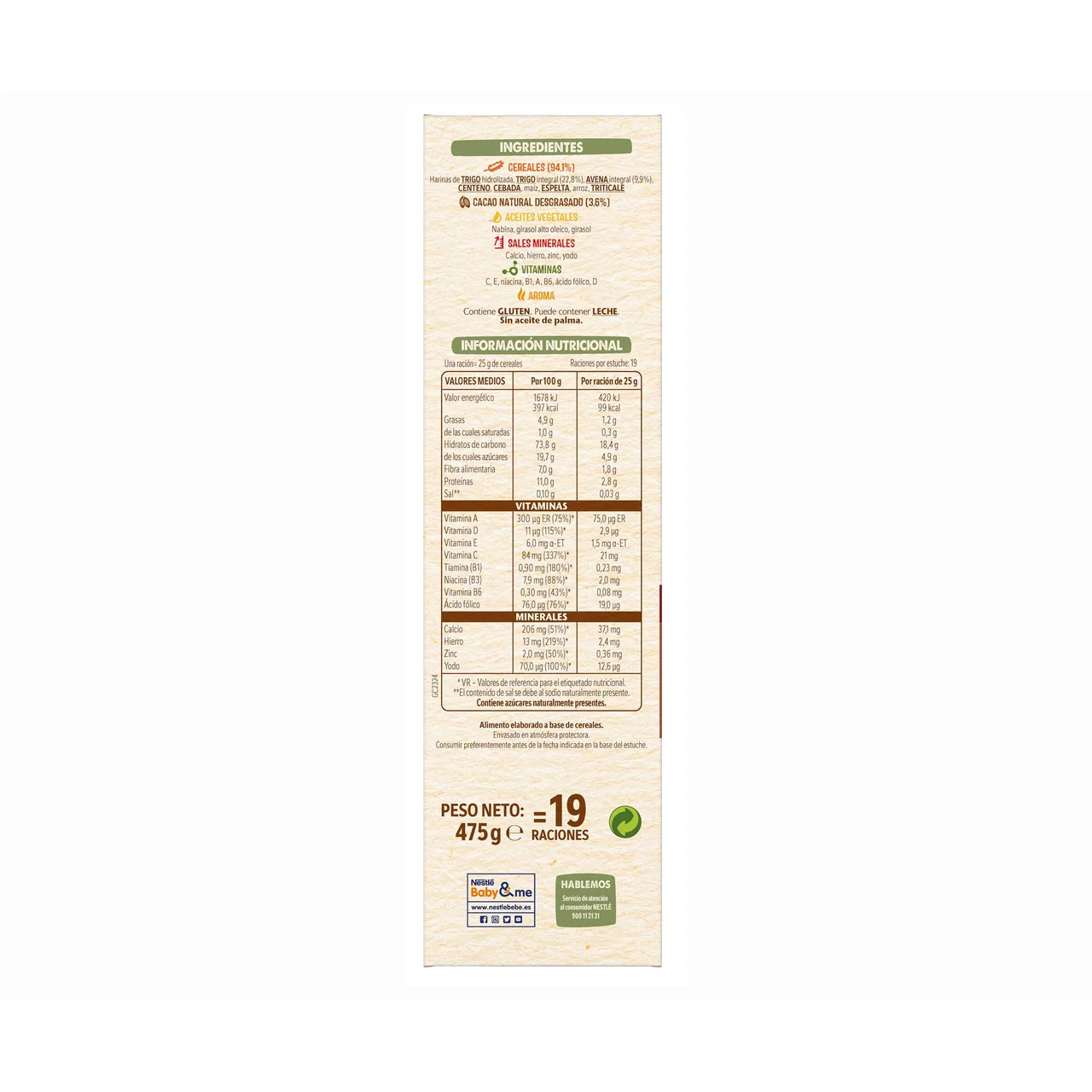 Papilla de 8 cereales con cacao, sin azúcares añadidos, a partir de 12 meses 475 g.