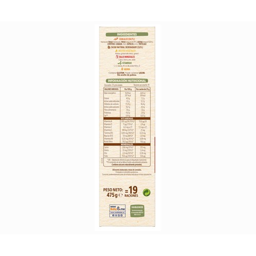 NESTLÉ Papilla de 8 cereales con cacao, sin azúcares añadidos, a partir de 12 meses 475 g.