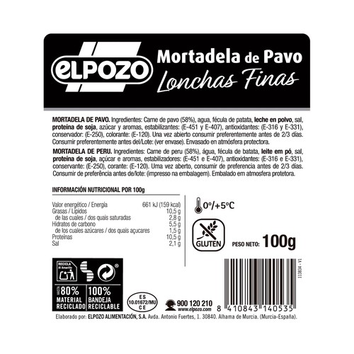 EL POZO Mortadela de pavo cortada en finas lonchas 100 g.
