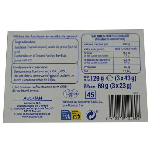 PRODUCTO ECONÓMICO ALCAMPO Filetes de anchoa en aceite de girasol PRODUCTO ECONÓMICO ALCAMPO 3 uds. x 43 g.