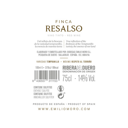 FINCA RESALSO de Emilio Moro  Vino tinto roble con D.O. Ribera del Duero botella de 75 cl.