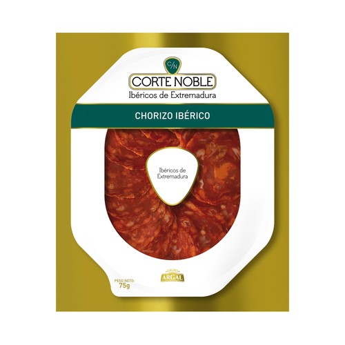 CORTE NOBLE Chorizo ibérico de Extremadura, cortado en lonchas CORTE NOBLE de Argal 75 g.