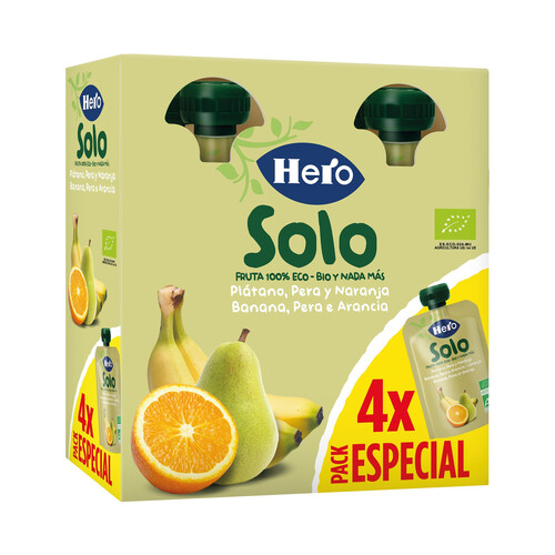 HERO Solo Bolsitas de fruta (pera, plátano y naranja) ecológico, a partir de 4 meses 4 x 100 g.