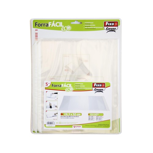 Forro para libros, forrofácil, de polipropileno con solapa ajustable, tira adhesiva reposicionable y de 28.5x52 centímetros FIXO 1 unidad.