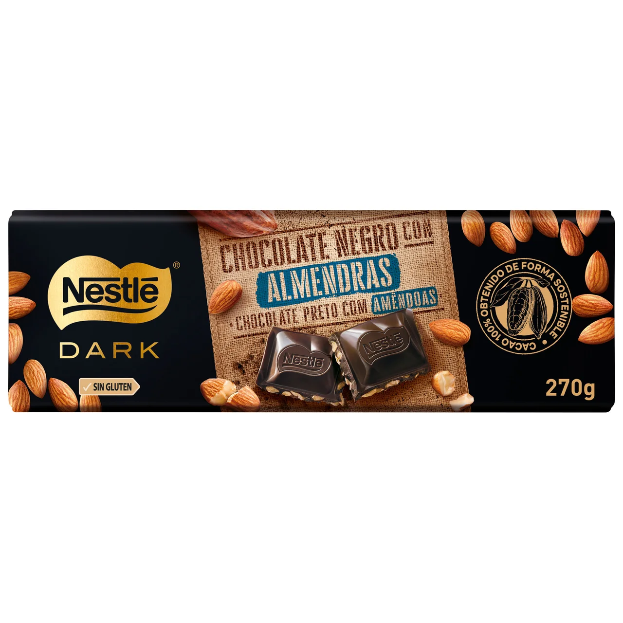 Dark Chocolate negro con almendras 270 g.