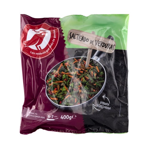 AUCHAN Salteado de verduras seleccionadas (judía verde fina, cebolla, pimiento rojo, brócoli y champiñón) 400 g. Producto Alcampo