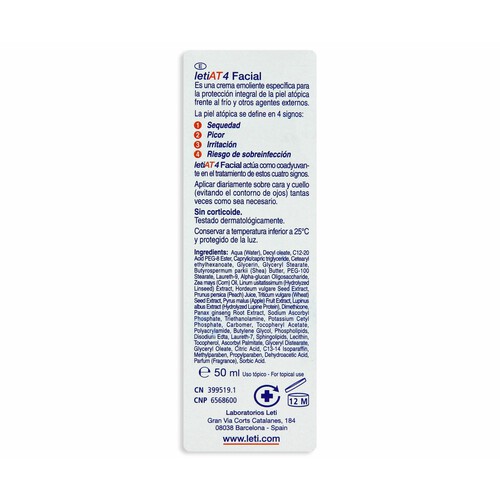 LETI AT4 Crema facial, emoliente, para pieles atópicas y secas LETI AT4 50 ml.