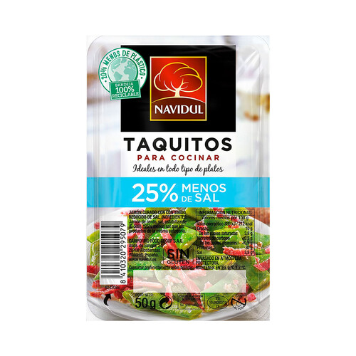 Jammón y paleta curados, reducidos en sal y cortado en taquitos NAVIDUL 60 g.