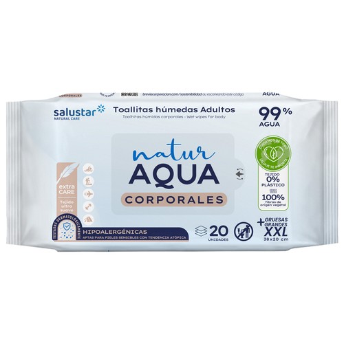 SALUSTAR Natur aqua Toallitas húmedas hipoalergénicas para adultos, aptas para pieles sensibles con tendencia atópica 20 uds.