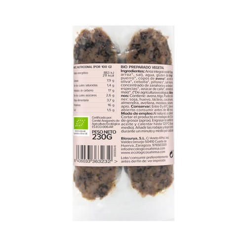 JARDIN BIO Veggie Morcilla 100% vegetal de arroz con piñones ecológicos 230 g.