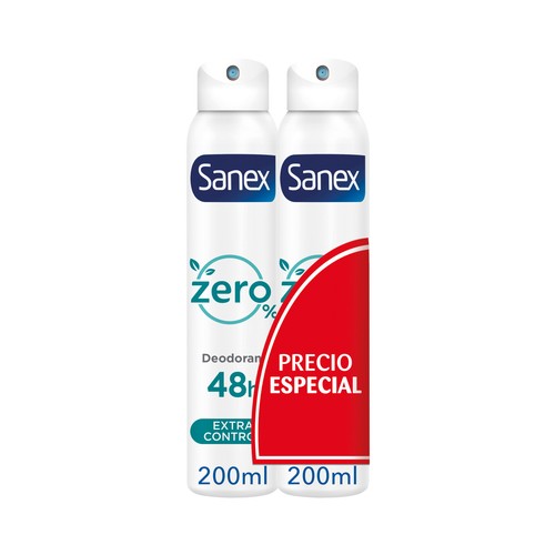SANEX Desodorante en spray para mujer sin alcohol y sin sales de aluminio SANEX Zero % extra control 2 x 200 ml.