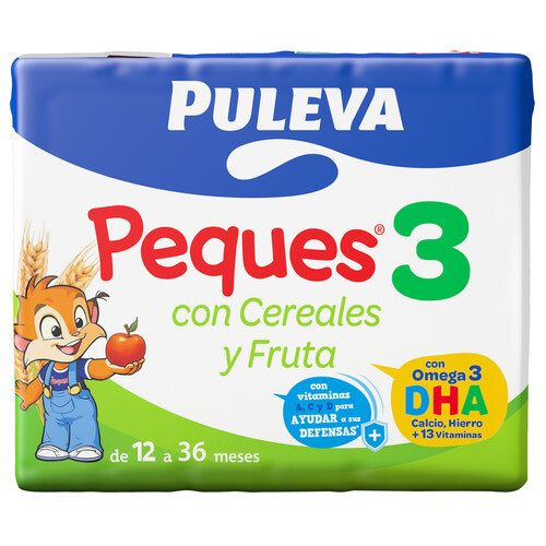 PULEVA Peques 3 Leche (3) de crecimiento con cereales y fruta, de 12 a 36 meses 3 x 200 ml.