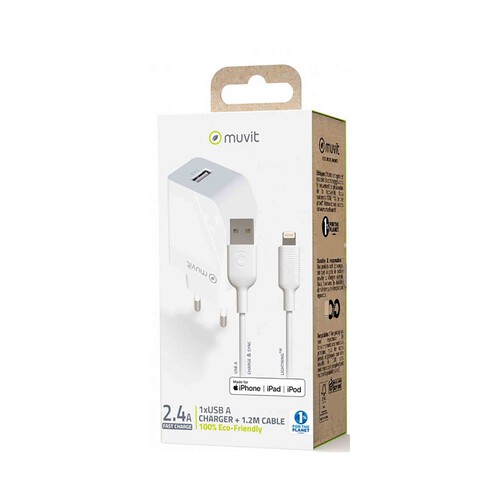 Cargador USB + cable tipo-C a Apple Lightning MUVIT, 12W, 2.4A, longitud 1,2m.
