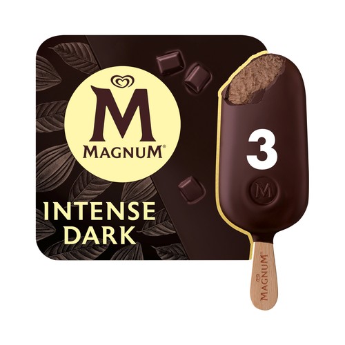 MAGNUM Bombón helado de crujiente chocolate con leche, relleno de chocolate 70% cacao collection 3 x 100 ml.