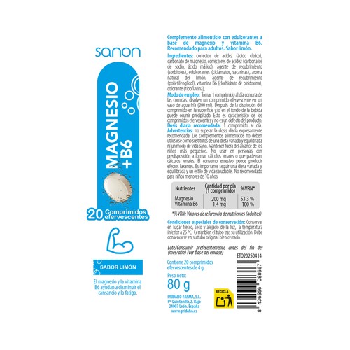 SANON Magnesio y vitamina B6 en comprimidos efervescentes sabor limón 20 uds.