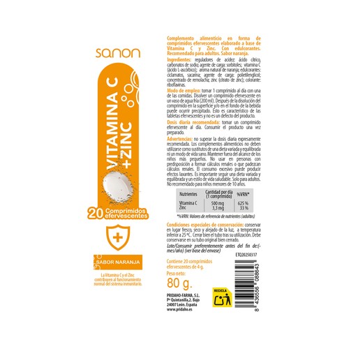 SANON Vitamina c + zinc sabor naranja en comprimidos efervescentes 20 uds.