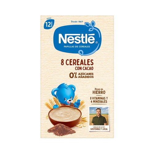 NESTLÉ Papilla de 8 cereales con cacao, sin azúcares añadidos, a partir de 12 meses 475 g.