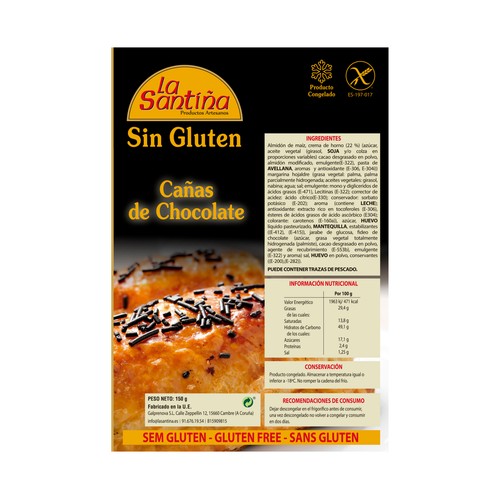 LA SANTIÑA Cañas de chocolate congeladas, elaboradas sin gluten LA SANTIÑA 150 g.