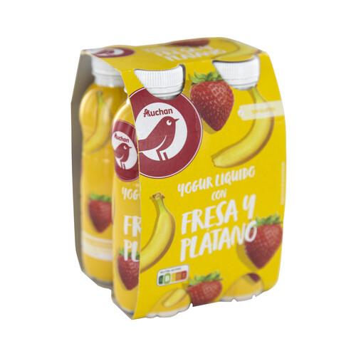 AUCHAN Yogur líquido con pulpa de fresa y plátano 4 x 200 g. Producto Alcampo