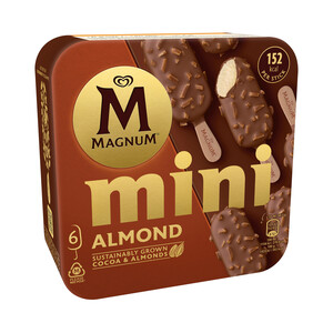 Imagen de MAGNUM de Frigo Mini bombón helado de vainilla recubierto de chocolate con leche y almendras 6 x 60 ml.