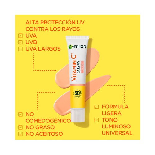 GARNIER Skin active Fluido diario iluminador con vitamina C y FPS 50+ 50 ml.