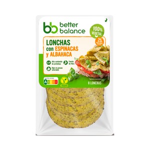 BETTER BALANCE Lonchas vegetales con espinacas y albahaca. Altas en proteína, bajas en grasas saturadas y fuente de fibra. 80 g.