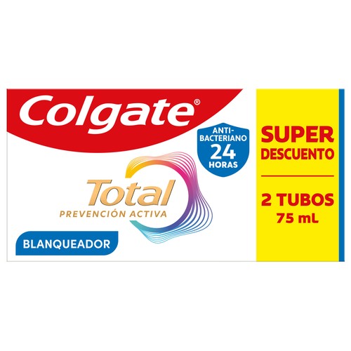 COLGATE Total prevención activa blanqueadora Pasta de dientes con acción blanqueante 2 x 75 ml.