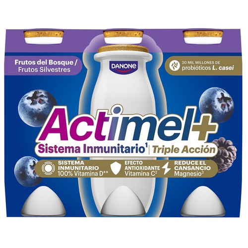 ACTIMEL + de Danone Leche fermentada con Lcasei y sabor a arándano y mora 6 x 100 g.