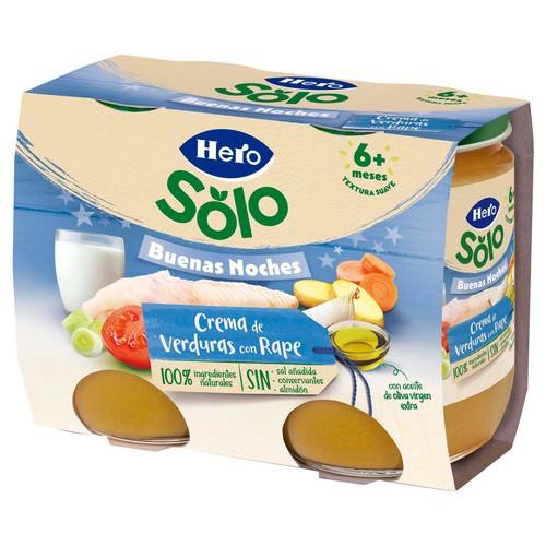 HERO Solo buenas noches Tarrito de crema de verduras con rape (textura con trocitos), a partir de 8 meses 2 x 190 g.