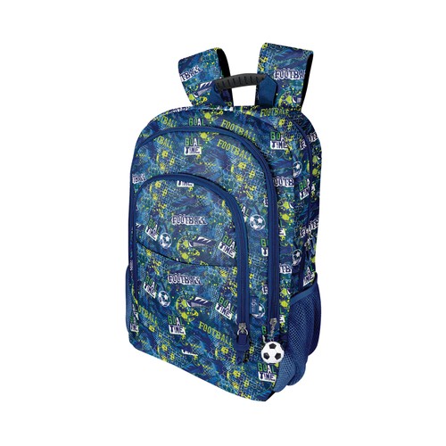 Mochila grande con 3 cremalleras, 13 x 29 x43 cm, diseño fútbol goal time, ARTIMBAL.