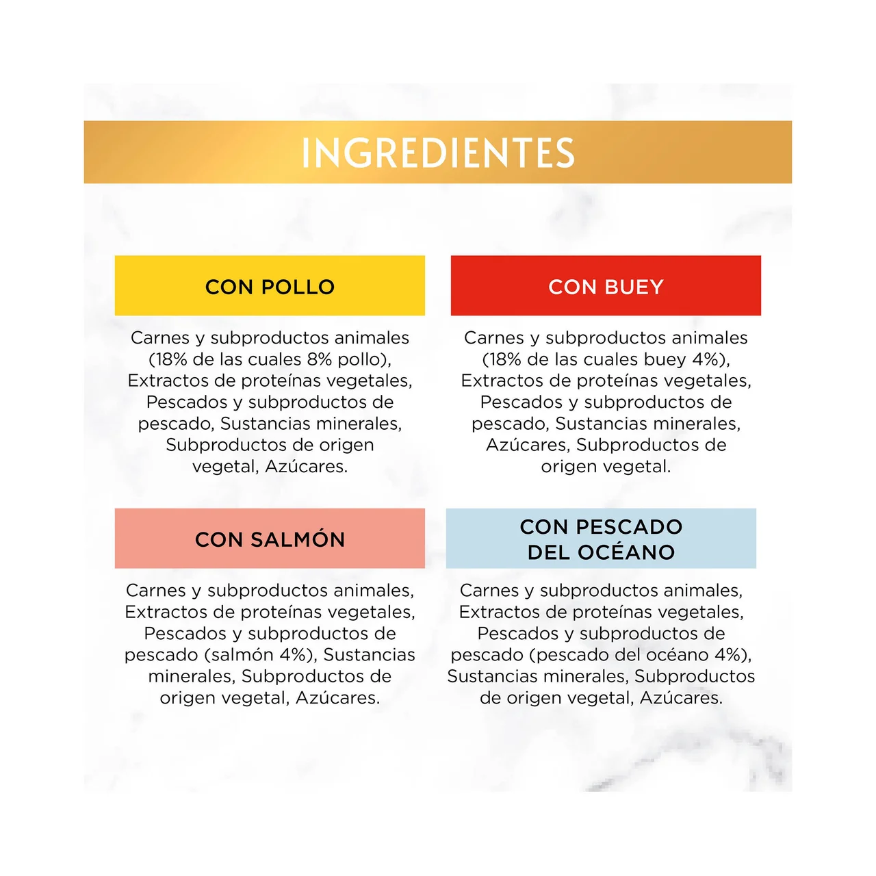 PURINA GOURMET Gold delicias suculentas Alimento húmedo para gatos con pollo (2), buey (2), salmón (2) y pescado del océano (2) 8 x 85 g.