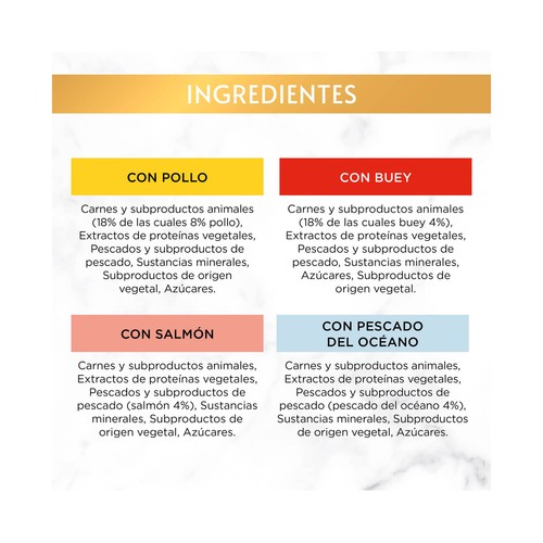PURINA Gourmet gold delicias suculentas Alimento húmedo para gatos con pollo (2), buey (2), salmón (2) y pescado del océano (2) 8 x 85 g.