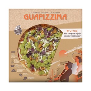 Pizza refrigerada de pollo especiado, mozzarella, tomate italiano, cebolla morada y guacamole GUAPIZZIMA 400 g.
