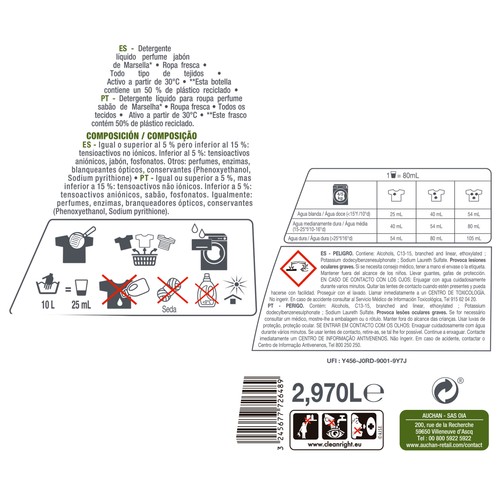 PRODUCTO ALCAMPO Detergente líquido Jabón de Marsella 55 lav. 2,97 l.