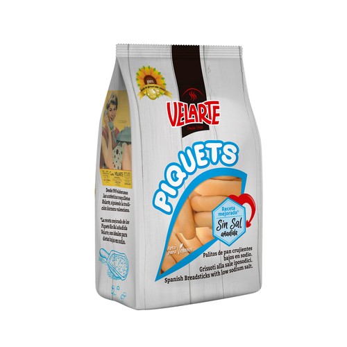 VELARTE Piquets Palitos de pan crujiente bajos en sodio 250 g.