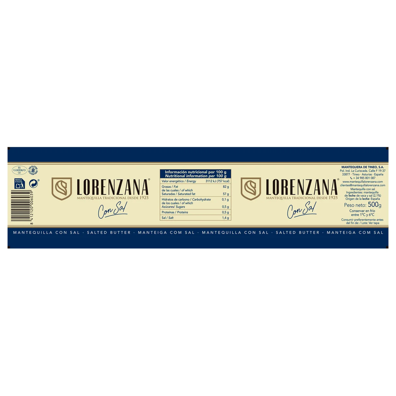 LORENZANA Lata de mantequilla tradicional con sal LORENZANA 500 g.