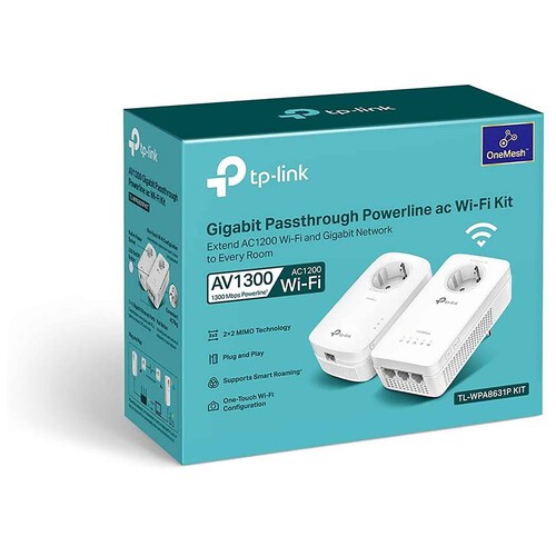Kit Extensor Powerline WiFi TP-LINK TL-WPA8631P Kit, AV1300, doble banda wifi AC1200, enchufe incorporado.