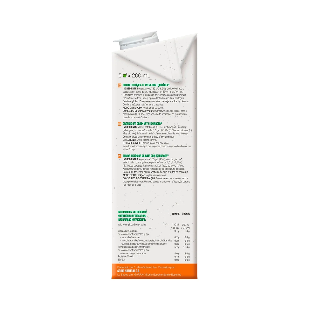 SORIA NATURAL Defensas Bebida vegetal ecológica de avena con equinácea 1 l