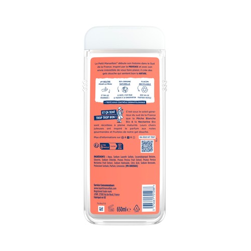LE PETIT MARSEILIAIS Gel para baño o ducha extra suave, con melocotón blanco y nectarina bio, para pieles sensibles 650 ml.