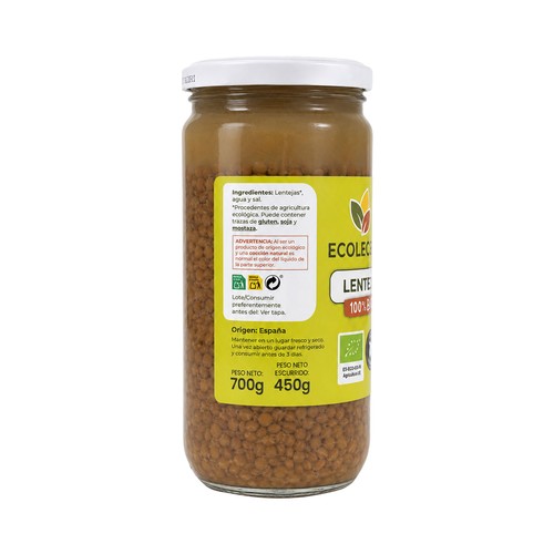 ECOLECERA Lenteja pardina cocida, ecológica 450 g.