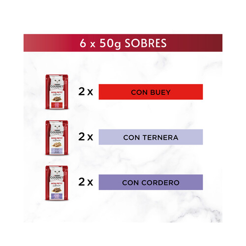 PURINA GOURMET Comida para gatos adultos a base de buey, ternera y cordero GOURMET 6 uds. 50 g.