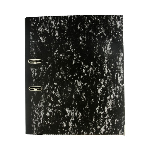 Archivador de cartón de color negro jaspeado, de tamaño folio, con 2 anillas con rado PRODUCTO ALCAMPO.