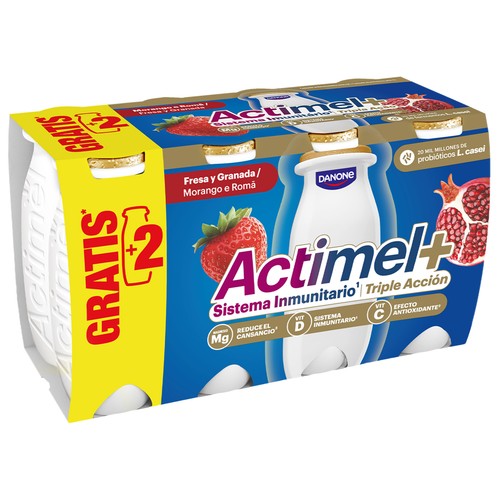 ACTIMEL + de Danone Leche fermentada con Lcasei y sabor a fresa y granada  6 x 94 ml.