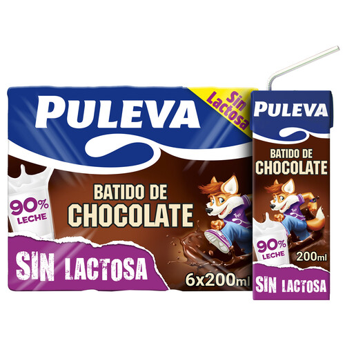 Batido con sabor a chocolate, sin lactosa y elaborado con un 90% de leche PULEVA 6 x 200 ml.